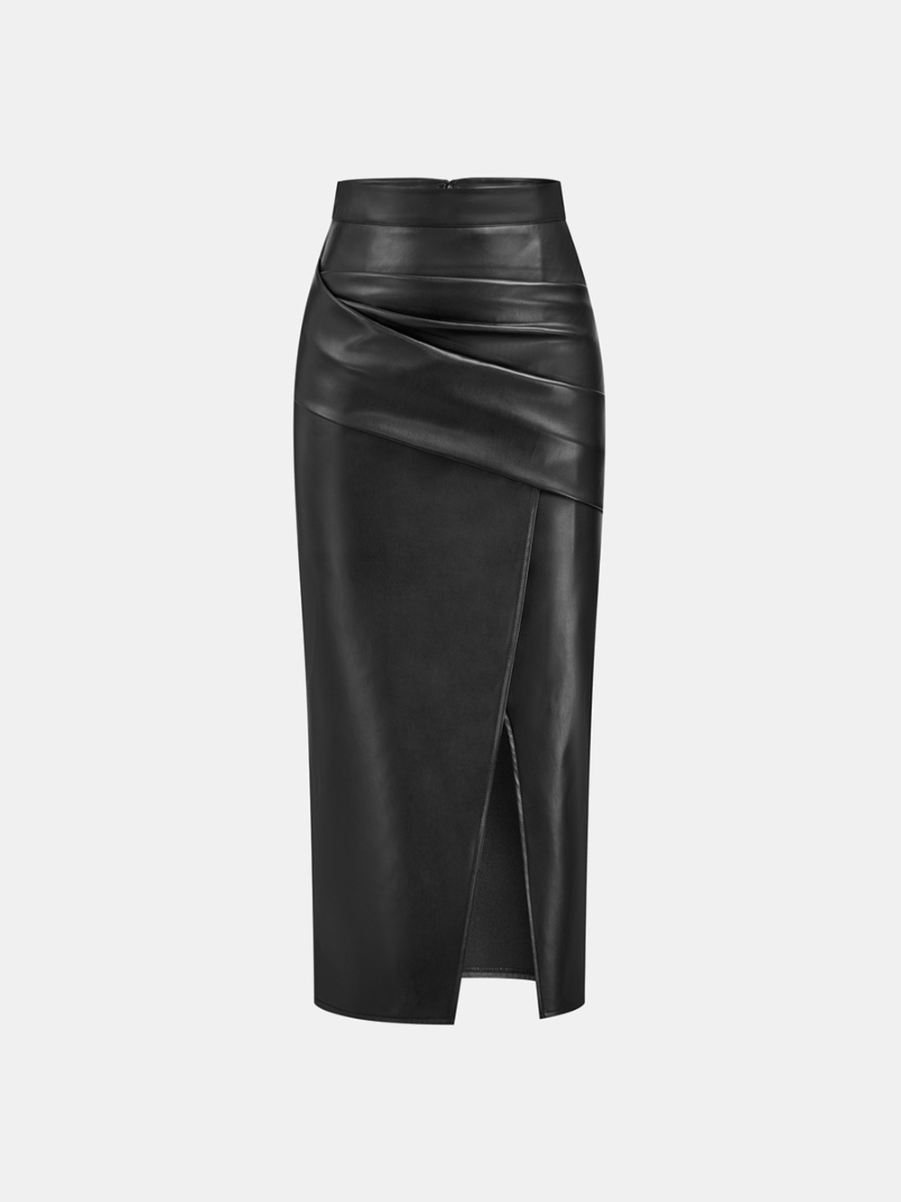 Commense Ruched Slit PU Leather Midi Skirt